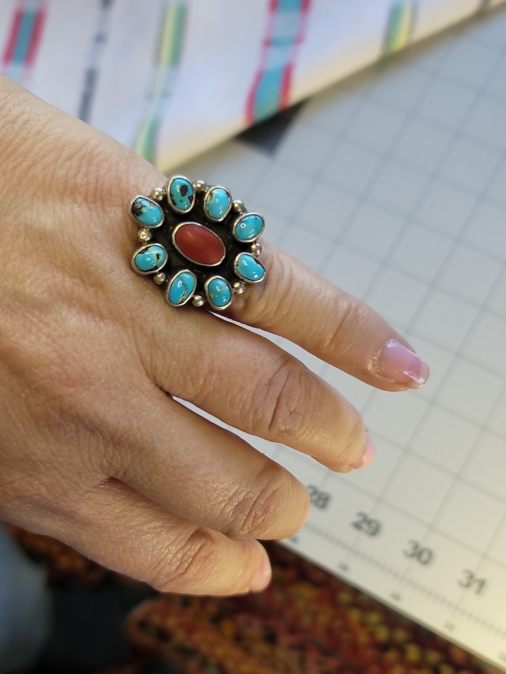 Sterling Silver With Turquoise and Coral Flower Cluster Ring